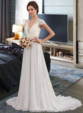 Ellen A-Line V-neck Sweep Train Chiffon Wedding Dress With Ruffle STKP0013761