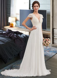 Ellen A-Line V-neck Sweep Train Chiffon Wedding Dress With Ruffle STKP0013761