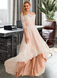 Sheila A-Line Asymmetrical Satin Tulle Lace Wedding Dress With Sequins STKP0013769