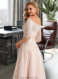 Sheila A-Line Asymmetrical Satin Tulle Lace Wedding Dress With Sequins STKP0013769