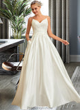 Abigayle Ball-Gown/Princess V-neck Sweep Train Satin Lace Wedding Dress With Lace Beading Sequins Pockets STKP0013771