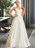 Abigayle Ball-Gown/Princess V-neck Sweep Train Satin Lace Wedding Dress With Lace Beading Sequins Pockets STKP0013771