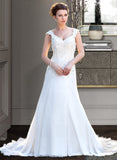 Elsie A-Line V-neck Court Train Chiffon Wedding Dress With Lace Beading Sequins STKP0013776