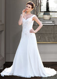 Elsie A-Line V-neck Court Train Chiffon Wedding Dress With Lace Beading Sequins STKP0013776