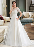 Jordyn Ball-Gown/Princess Scoop Neck Court Train Satin Wedding Dress With Beading Sequins Pockets STKP0013777