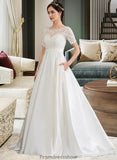 Jordyn Ball-Gown/Princess Scoop Neck Court Train Satin Wedding Dress With Beading Sequins Pockets STKP0013777