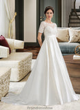 Jordyn Ball-Gown/Princess Scoop Neck Court Train Satin Wedding Dress With Beading Sequins Pockets STKP0013777