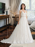 Braelyn Ball-Gown/Princess V-neck Court Train Tulle Wedding Dress With Beading Sequins STKP0013779