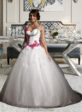 Jaylen Ball-Gown/Princess Sweetheart Chapel Train Tulle Wedding Dress With Ruffle Appliques Lace Bow(s) STKP0013780