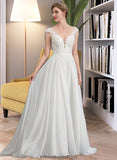 Laila A-Line V-neck Sweep Train Chiffon Wedding Dress With Beading Sequins STKP0013792