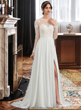 Donna A-Line Illusion Sweep Train Chiffon Wedding Dress With Appliques Lace Split Front STKP0013793