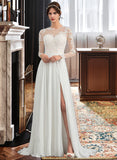 Donna A-Line Illusion Sweep Train Chiffon Wedding Dress With Appliques Lace Split Front STKP0013793