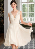 Harriet A-Line V-neck Knee-Length Chiffon Lace Wedding Dress With Ruffle STKP0013794