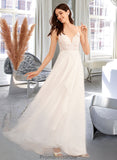 Diamond A-Line V-neck Floor-Length Wedding Dress With Sequins STKP0013797