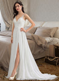 Amari A-Line V-neck Sweep Train Chiffon Wedding Dress With Beading Sequins Split Front STKP0013806