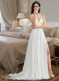 Amari A-Line V-neck Sweep Train Chiffon Wedding Dress With Beading Sequins Split Front STKP0013806