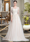 Raven Ball-Gown/Princess V-neck Court Train Tulle Wedding Dress With Beading Appliques Lace Sequins Bow(s) STKP0013809