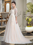 Raven Ball-Gown/Princess V-neck Court Train Tulle Wedding Dress With Beading Appliques Lace Sequins Bow(s) STKP0013809