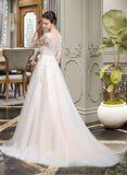 Raven Ball-Gown/Princess V-neck Court Train Tulle Wedding Dress With Beading Appliques Lace Sequins Bow(s) STKP0013809