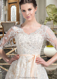 Raven Ball-Gown/Princess V-neck Court Train Tulle Wedding Dress With Beading Appliques Lace Sequins Bow(s) STKP0013809