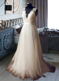 Amber A-Line V-neck Sweep Train Tulle Wedding Dress STKP0013812