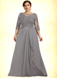 Emerson A-Line Scoop Neck Floor-Length Chiffon Lace Mother of the Bride Dress With Beading Sequins Cascading Ruffles STK126P0014529