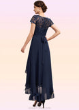 Aria A-Line Scoop Neck Asymmetrical Chiffon Lace Mother of the Bride Dress With Sequins Bow(s) Cascading Ruffles STK126P0014530