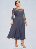 Alisson A-Line Scoop Neck Tea-Length Chiffon Lace Mother of the Bride Dress With Beading Sequins STK126P0014535