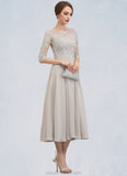 Alisson A-Line Scoop Neck Tea-Length Chiffon Lace Mother of the Bride Dress With Beading Sequins STK126P0014535