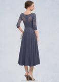 Alisson A-Line Scoop Neck Tea-Length Chiffon Lace Mother of the Bride Dress With Beading Sequins STK126P0014535