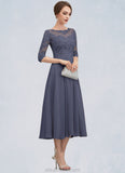 Alisson A-Line Scoop Neck Tea-Length Chiffon Lace Mother of the Bride Dress With Beading Sequins STK126P0014535