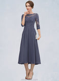 Alisson A-Line Scoop Neck Tea-Length Chiffon Lace Mother of the Bride Dress With Beading Sequins STK126P0014535