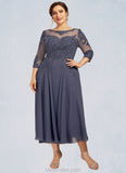 Alisson A-Line Scoop Neck Tea-Length Chiffon Lace Mother of the Bride Dress With Beading Sequins STK126P0014535