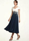 Lila A-Line V-neck Tea-Length Chiffon Lace Mother of the Bride Dress STK126P0014539