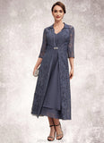 Carolyn A-line V-Neck Tea-Length Chiffon Mother of the Bride Dress STK126P0014540