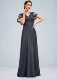 Meredith A-line V-Neck Floor-Length Chiffon Lace Mother of the Bride Dress With Sequins STK126P0014542