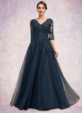 Mackenzie A-Line V-neck Floor-Length Tulle Lace Mother of the Bride Dress With Sequins STK126P0014543