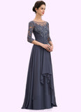 Camille A-Line Scoop Neck Floor-Length Chiffon Lace Mother of the Bride Dress With Cascading Ruffles STK126P0014550