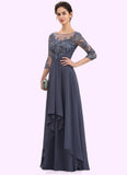 Camille A-Line Scoop Neck Floor-Length Chiffon Lace Mother of the Bride Dress With Cascading Ruffles STK126P0014550