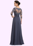 Camille A-Line Scoop Neck Floor-Length Chiffon Lace Mother of the Bride Dress With Cascading Ruffles STK126P0014550