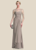 Evie A-Line Scoop Neck Floor-Length Chiffon Lace Mother of the Bride Dress With Beading Sequins Cascading Ruffles STK126P0014551