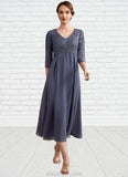 Bella A-line V-Neck Tea-Length Chiffon Lace Mother of the Bride Dress With Beading STK126P0014554