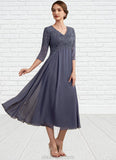 Bella A-line V-Neck Tea-Length Chiffon Lace Mother of the Bride Dress With Beading STK126P0014554