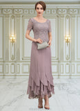 Madelyn A-Line Scoop Neck Ankle-Length Chiffon Lace Mother of the Bride Dress With Cascading Ruffles STK126P0014555