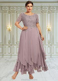 Madelyn A-Line Scoop Neck Ankle-Length Chiffon Lace Mother of the Bride Dress With Cascading Ruffles STK126P0014555