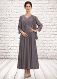 Regina A-line V-Neck Ankle-Length Chiffon Mother of the Bride Dress With Beading Appliques Lace Sequins STK126P0014558