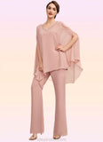 Sibyl Jumpsuit/Pantsuit V-neck Floor-Length Chiffon Mother of the Bride Dress With Beading STK126P0014560