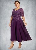 Nina A-line V-Neck Tea-Length Chiffon Lace Mother of the Bride Dress With Sequins STK126P0014561