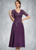 Nina A-line V-Neck Tea-Length Chiffon Lace Mother of the Bride Dress With Sequins STK126P0014561