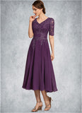 Nina A-line V-Neck Tea-Length Chiffon Lace Mother of the Bride Dress With Sequins STK126P0014561